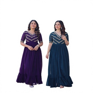 Robe de soirée indienne style Bollywood, ornée de perles multicolores et de broderies, idéale pour les mariages et les fêtes. - Product Image 1