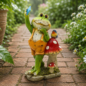 Divertente Statua in Resina a Forma di Rana con <span class=keywords><strong>Uccello</strong></span> e Fungo per Decorazione Giardino - Product Image 1
