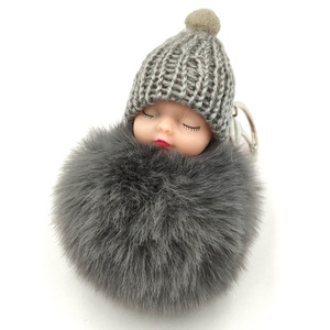 8 CM Niedlicher Schlafender Baby-Puppe Schlüsselanhänger Pom-Pom Kaninchenfell-Ball Baby-Schlüsselkette Flauschiger Auto-Schlüsselanhänger Taschenanhänger Plüschfell-Puppe Schlüsselanhänger - Product Image 4