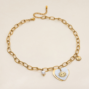 Collar con Colgante de Corazón de Concha de Moda para Mujer, Dijes de Corazón con Ojo Enamorado, Cadena de Eslabones, Collar de Perlas - Product Image 6