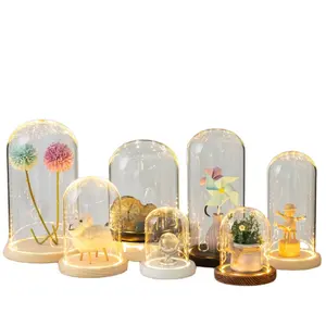 Hot nhà sản xuất bán buôn handmade thủ công mỹ nghệ rõ ràng LED chiếu sáng Rose Glass Dome với cơ sở gỗ