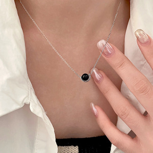 S925 Sterling Silver Black Agate <b>Necklace</b> Ball Pendant Bezel Setting Everyday Wear Fine Jewelry - Product Image 3