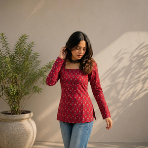 Red Floral Printed Rayon Short <b>Kurti</b> <b>for</b> <b>Women</b> | Elegant Square Neck Full Sleeve Ethnic Wear Tunic | Casual Stylish Indian <b>Kurti</b> - Product Image 1