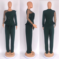 6279 #   Tenues tendance pour femmes, haut en maille orné de strass et de perles, ensemble pantalon droit décontracté, ensemble deux pièces, vêtements pour femmes