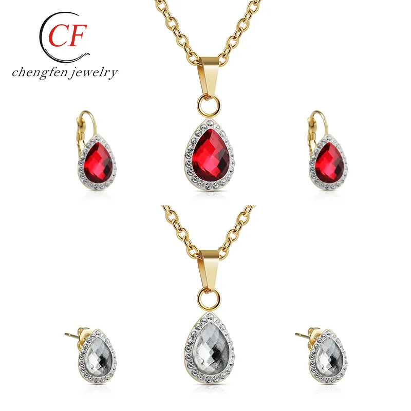 European and American Gemstone Heart Full Zircon Necklace Earrings Accessories Set Wedding Jewelry Sets 18K Gold Plated Chengfen