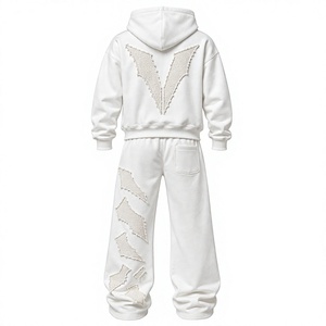 <b>White</b> Tracksuit Hoodie <b>Jogger</b> Pants Geometric Applique Streetwear Unisex Adult Autumn Full Length Zipper Front Pockets Custom - Product Image 2