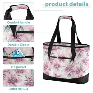 Pink Lily Flowers Print Tote Bag Custom 36 Cans Portable Insulated Cooler Lunch Bag with Shoulder - Product Image 5