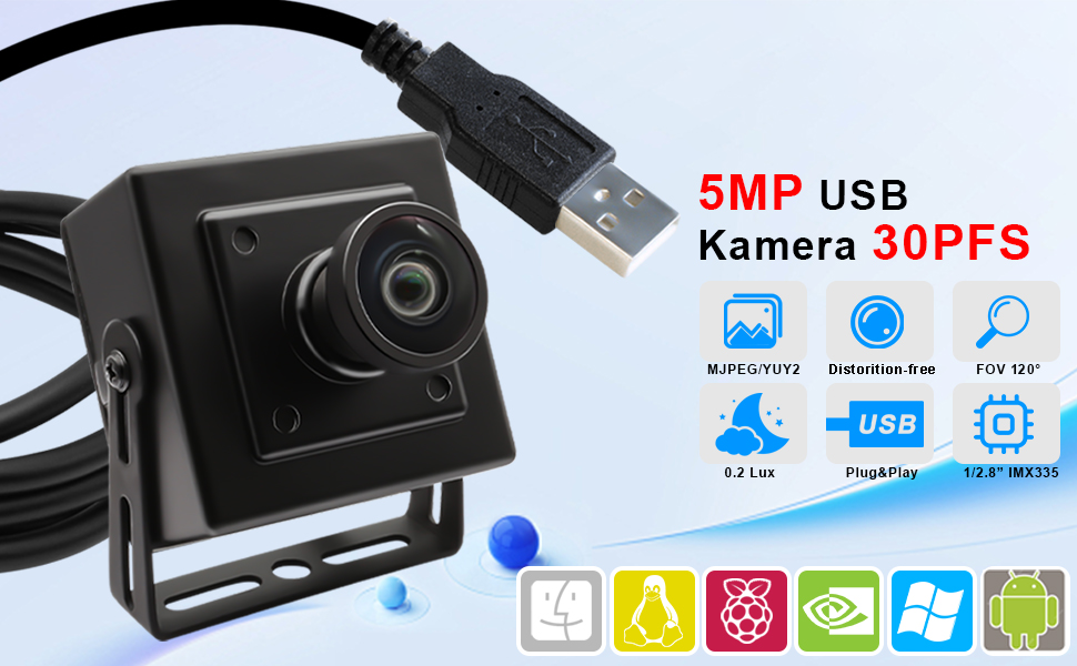 ELP 5MP USB Camera Distortion-Free Lens for Surveillance
