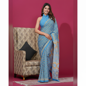 Mulmul traditionnel indien coton bloc à la main Batik imprimé Saree Blouse nouveau Bollywood Designer mariage Saree pour l'été indien - Product Image 1