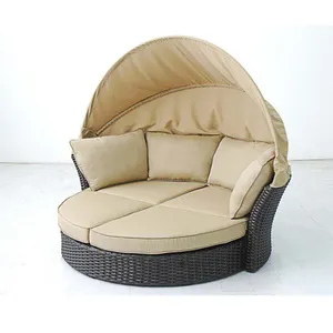 Modern Big size outdoor sun lounger wicker rattan round daybed with canopy patio furniture round luxury beach Sunbed