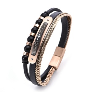 Pulsera de Cuero con Cruz y <span class=keywords><strong>Patrón</strong></span> de la <span class=keywords><strong>Gran</strong></span> Muralla China, de Acero Inoxidable, con Cierre Magnético y Cuentas, Multicapa, para Hombre - Product Image 5