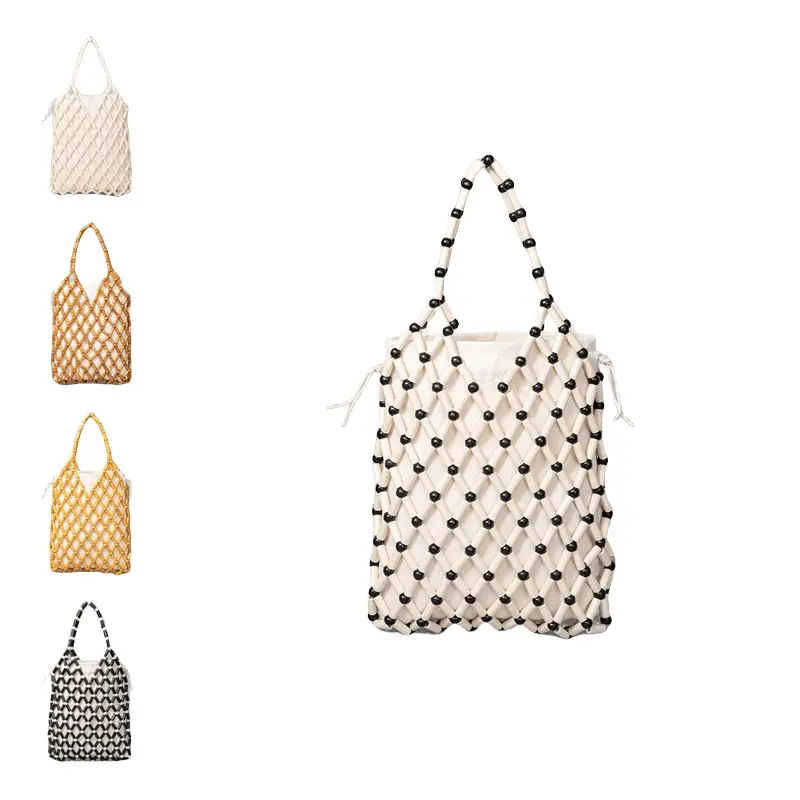 패션 캔버스 면화 핸드백 간단한 수제 속이 새겨진 디자인 나무 구슬 버킷 가방