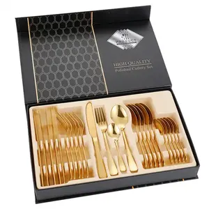 Hot Selling Luxus 24 Stück Gold Besteck Besteck Set Löffel und Gabel Messer Set goldene tragbare Edelstahl mit Box