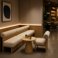 Ensemble de meubles de café Japandi moderne, table ronde en bois massif et chaises en bouclette pour restaurant, bistro, sièges de restauration