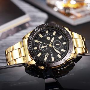 Nuevos <span class=keywords><strong>Relojes</strong></span> de Hombre de Moda con Calendario de Tres Ojos, de Cuarzo, de Aleación, de 40.5mm, Venta al por Mayor, Esfera Dorada - Product Image 5