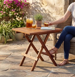 Outdoor <strong>Folding</strong> Side <strong>Table</strong>, Acacia Wood End <strong>Table</strong> Slatted Tabletop Portable Square Patio Bistro <strong>Table</strong> for Garden, Poolside - Product Image 6