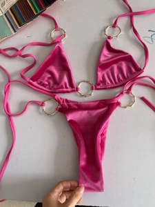 2022 новый дизайн для молодых девушек, комплект бикини из блестящей ткани, купальник с лямкой на шее и шнуровкой, синий купальный костюм, купальник - Product Image 3