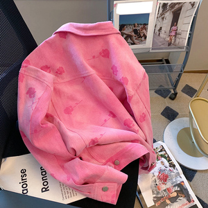 Pink Printed Denim <strong>Jacket</strong> Women'<strong>s</strong> Design 2022 Fall New Fashion Loose Sweet <strong>Polo</strong> Collar Bomber Coat - Product Image 2