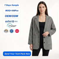 Blazer surdimensionné décontracté personnalisé pour femme, style automne, en tissu croisé, motif pied-de-poule, avec épaulettes rembourrées, poches à rabat, respirant, coupe rétro ample
