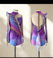 Robe de patinage artistique à manches longues dégradé violet, costume décoré de strass pour la compétition et les spectacles des adultes et des enfants