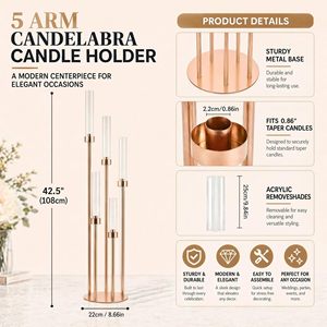 Candélabre de table à 8 bras en fer doré avec tubes en verre, fait main, pour décoration de mariage - Product Image 2