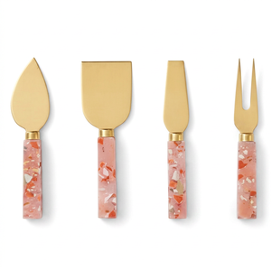 <b>Cheese</b> <b>Knife</b> <b>Set</b> With Pink Marble Resin Handle Gold Metal Blades Durable Dishwasher Safe For Kitchen Use And Hotel Use - Product Image 1
