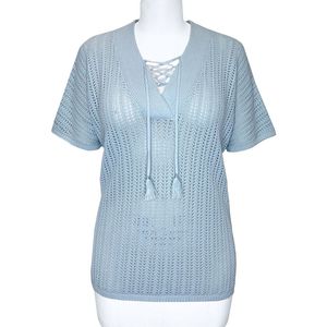 Women's Light Blue Pointelle Knit Lace-Up V-Neck Short Sleeve Cardigan Sweater Casual Summer Top - Product Image 1