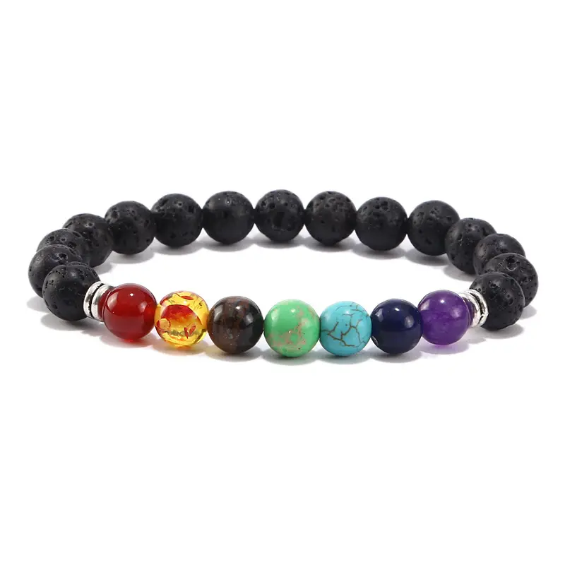 Frisado Pulseira Natural Healing Balance Beads Yoga Valconic Healing Energy Lava Stone 7 Chakra Difusor Pulseira Para Homens