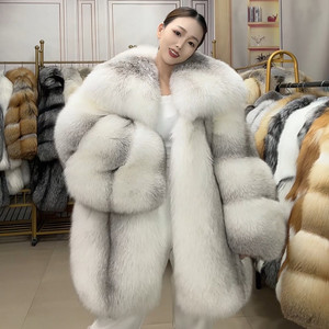 Manteau en vraie fourrure de renard croisé, chaud et moelleux, pour femme, épais, blanc, col châle large, mi-long, veste en fourrure véritable pour l'hiver - Product Image 5