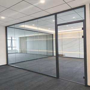 Système de cloison de bureau moderne en verre avec cadre en aluminium, cloison modulaire en verre trempé, cloison démontable avec porte - Product Image 2