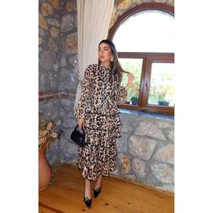 Robe longue à imprimé léopard, à volants, taille empire, col à revers, coupe évasée, en tissu tissé, pour soirée ou décontractée - Product Image 5