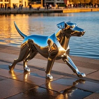 Sculpture de chien en acier inoxydable sur mesure, taille réelle, polie, plaquée argent, 3D, simplicité moderne, pour décoration extérieure