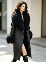 Manteau d'hiver de luxe Janveny pour femme, en laine double face, avec col et poignets en vraie fourrure de mouton de Mongolie, coupe oversize, mélange de laine, veste d'extérieur