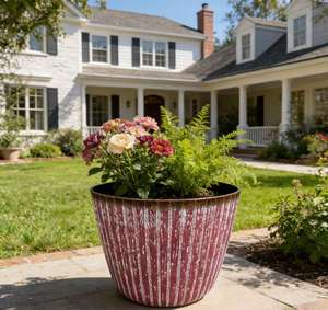 빈티지 버건디 세로 줄무늬 레진 화분, 입구가 넓은 실내외 정원용 화분, 홈데코 및 식물 전시용 - Product Image 6