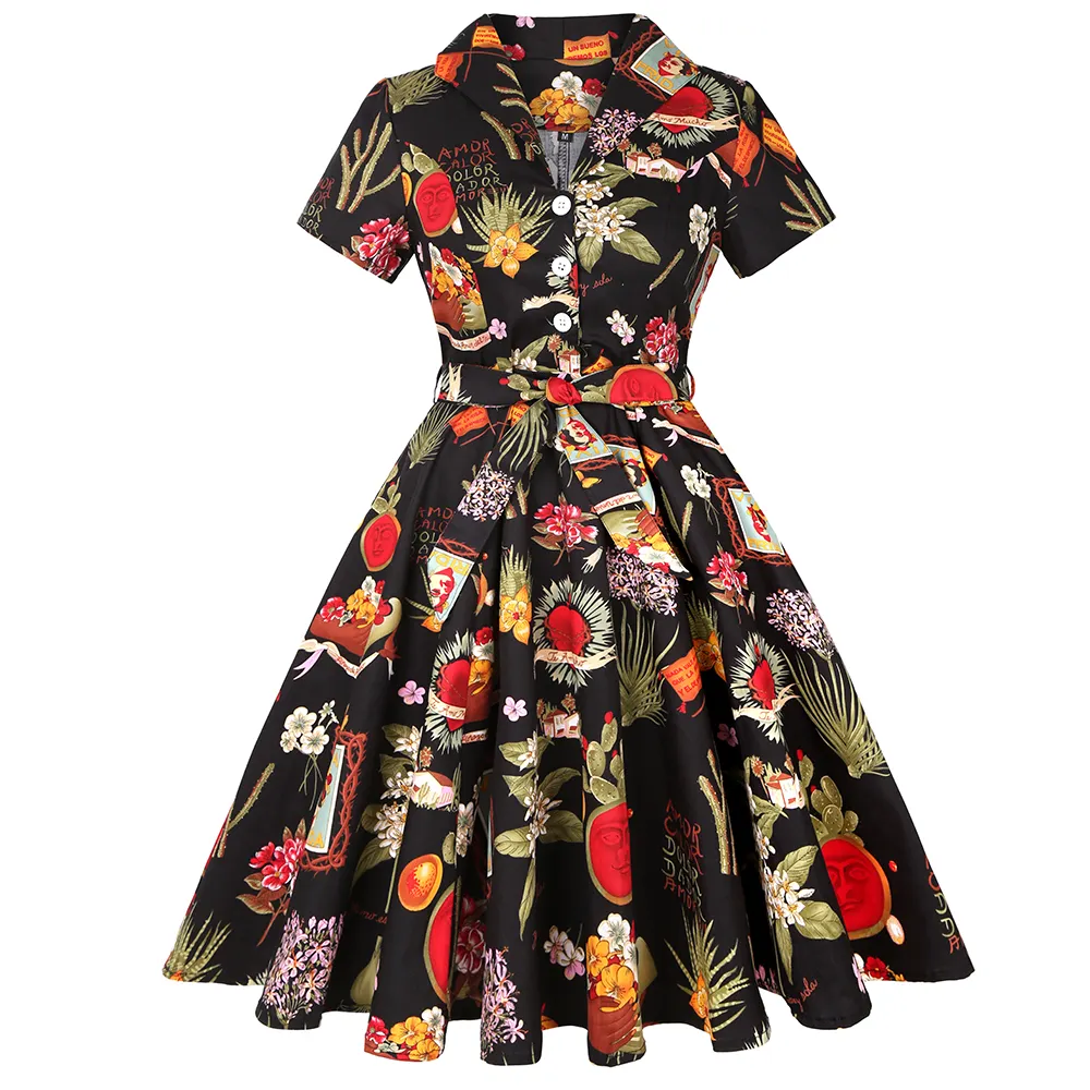 Floral Print Cotton Spring Women Vintage Dress SD0002 Black A Line Swing Pin Up Rockabilly Retro Dress Plus Size