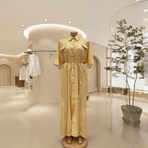 Robe longue pour femme 2026, style Y2K, en mousseline de soie, à col, unie, avec volants en cascade, manches mi-longues, simple boutonnage et taille à nouer, été, ODM - Product Image 4
