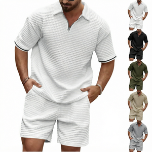 Men's <b>Waffle</b> Polo <b>Shirt</b> and Shorts Set Breathable Knitted Summer Casual Sports Outfit - Product Image 1