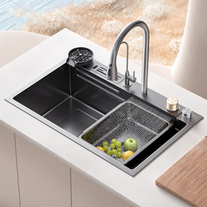 Robinet de cuisine moderne en acier inoxydable à poignée unique, mitigeur chaud/froid avec douchette extractible et cartouche céramique, à poser sur plan - Product Image 4