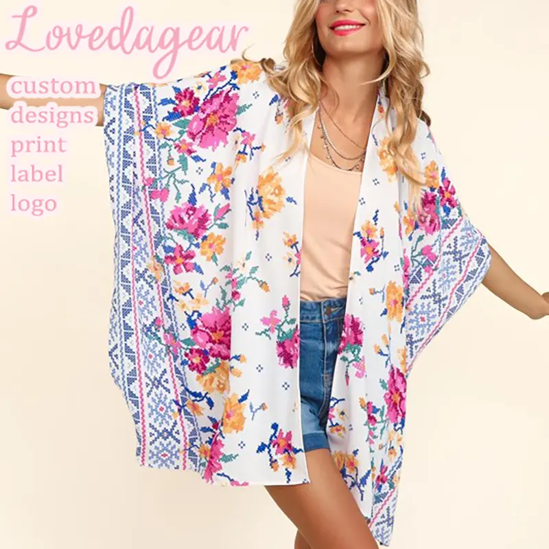 Loveda ODM OEM vintage branco azul praia xale estampa floral fina translúcida cobrir quimono para mulheres