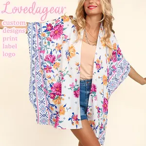 Loveda ODM OEM Vintage White Blue Beach Shawl Floral Print Thin Translucent Cover Up Kimono For Women