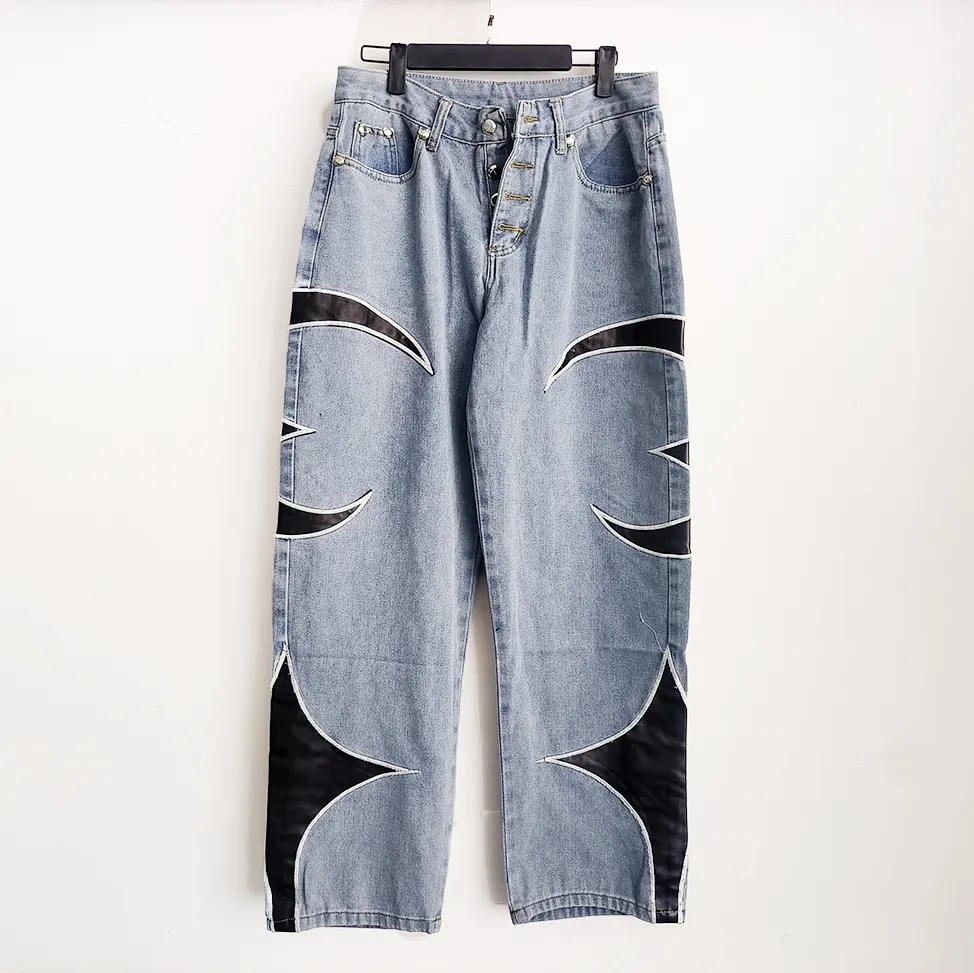 MOUNTNEVE custom label stock street wear da uomo jeans in denim ricamati blu