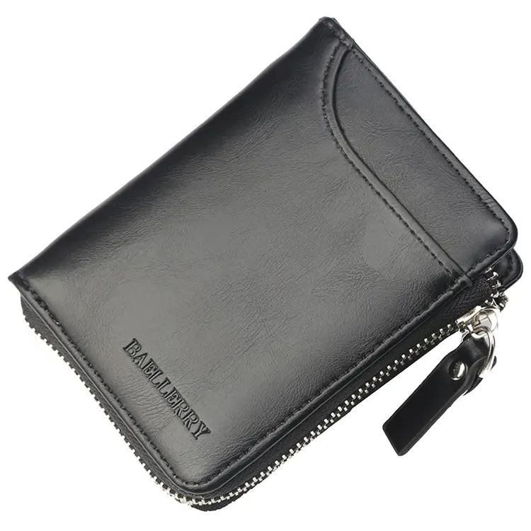 Rfid Blocking Thin Zippered Handmade Black Blank Leather Mens Money Wallets