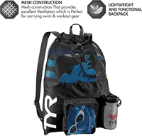 Grand sac à dos en maille avec cordon de serrage pour la natation, la gym et l'entraînement, avec poche zippée, noir et bleu, capacité de 20L à 35L