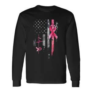 T-shirt à manches longues avec drapeau américain et ruban rose pour la sensibilisation au cancer du sein - Product Image 1