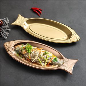 Stainless Steel Fish Platter Oval Shallow Dish Golden Creative Serving Tray For Barbecue Snack Hot Pot - Product Image 1