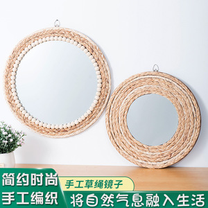 Creative Straw Rope Decorative <b>Mirror</b> Round Wall <b>Hanging</b> <b>Mirror</b> For Living Room Hotel Guesthouse Makeup Background Use - Product Image 5