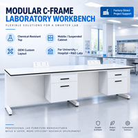 Banc de travail de laboratoire modulaire en forme de C, résistant aux produits chimiques, avec armoire mobile pour projets universitaires, hospitaliers et pharmaceutiques