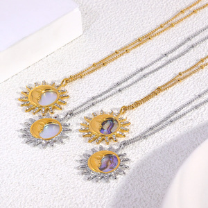 JUSNOVA Collier Pendentif en Acier Inoxydable Plaqué Or 18 carats PVD pour Femme, Motif Soleil Lune Coquillage CZ, Bijoux Tendance Vintage et Mode, Vente en Gros - Product Image 3