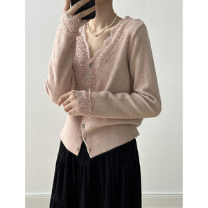 Cardigan in <span class=keywords><strong>Maglia</strong></span> <span class=keywords><strong>con</strong></span> Scollo a V Bianco e <span class=keywords><strong>Pizzo</strong></span>, Abbigliamento Femminile, Nuovo Stile Autunnale <span class=keywords><strong>con</strong></span> Fragranza Delicata, Maglione Base e Top - Product Image 2
