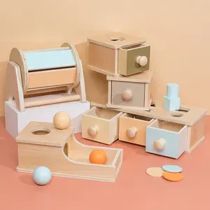 Montessori Wooden Object Permanence Box with Drawer Tray Three Balls Montessori Toys for 6-12 Month Infant 1 Year Old Babies